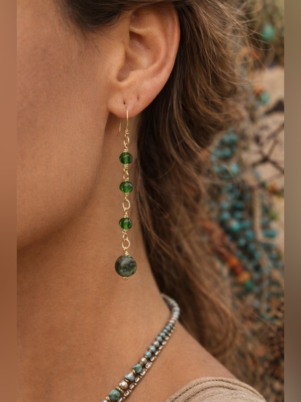 Peyote Bird Free Spirit Earrings Green Jade Beaded Gold Tone Dangly Boho Glam 2"
